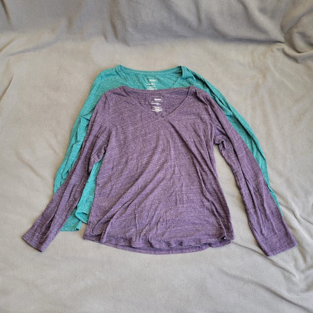 KOHLS SONOMA Shirt Womens Large Vneck Long Sleeve Green Purple Curved Hem 2PC
